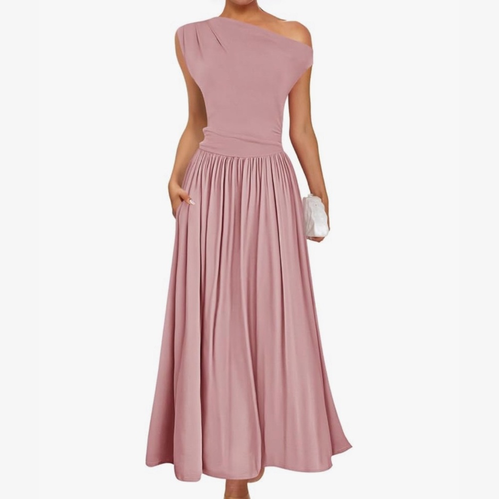 Soft Pink Off Shoulder Flowy Maxi Dress